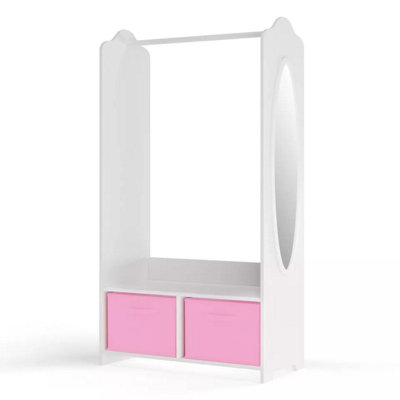 URBNLIVING 120cm Height Kids White Wooden Hanging Clothes Rail Light Pink Wardrobe Storage Shelves with Mirror - 3