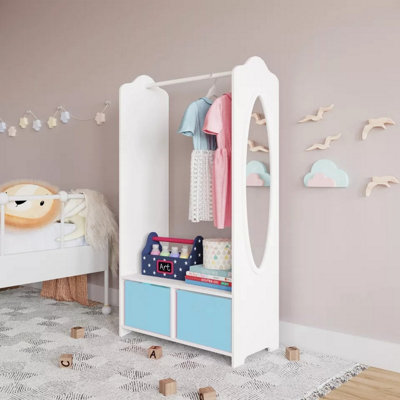 URBNLIVING 120cm Height Kids White Wooden Hanging Clothes Rail Sky Blue Wardrobe Storage Shelves with Mirror