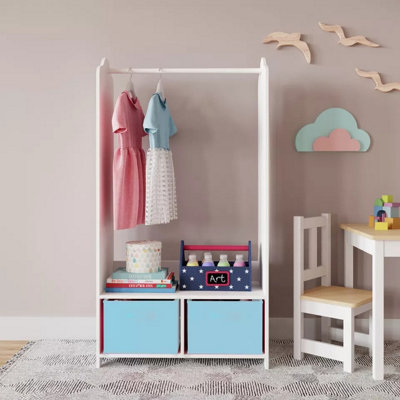 URBNLIVING 120cm Height Kids White Wooden Hanging Clothes Rail Sky Blue Wardrobe Storage Shelves with Mirror