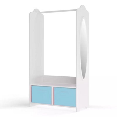 URBNLIVING 120cm Height Kids White Wooden Hanging Clothes Rail Sky Blue Wardrobe Storage Shelves with Mirror - 3