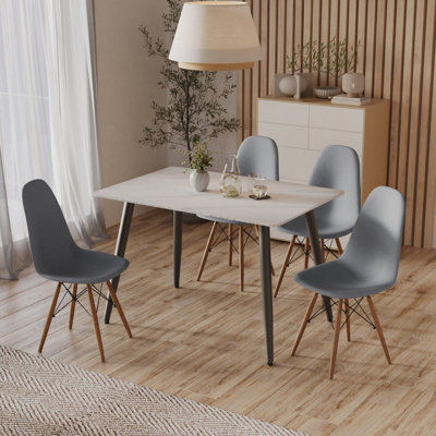 URBNLIVING 120cm Width 5 Pcs Ceramic Matt White Rectangle Table with Grey Chairs Set