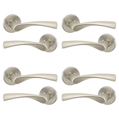 URBNLIVING 120mm Length 8 Pcs Lyon Metal & Satin Nickel Rose Lever Latch Door Handles Set