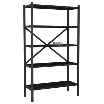 URBNLIVING 121cm Height 5-Shelf Black Marble Wooden Bookcase With Metal Frame Home Décor Storage and Shelving Unit