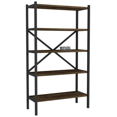 URBNLIVING 121cm Height 5-Shelf Burnt Oak Wooden Bookcase With Metal Frame Home Décor Storage and Shelving Unit