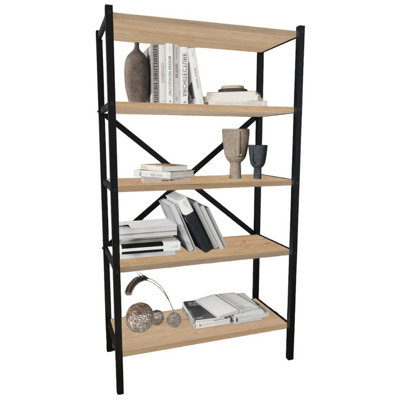 URBNLIVING 121cm Height 5-Shelf Sapphire Oak Wooden Bookcase With Metal Frame Home Décor Storage and Shelving Unit