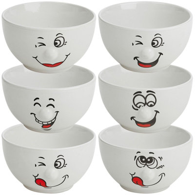 URBNLIVING 13cm Diameter 6 Pcs Smiley Face Kids Breakfast Cereal Bowls White 3D Embossed Nose Ceramic