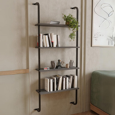 URBNLIVING 150cm Height 4-Shelf Wall Mounted Anthracite Wooden Bookshelf With Metal Frame Living Room Display Unit
