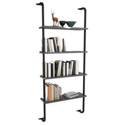 URBNLIVING 150cm Height 4-Shelf Wall Mounted Anthracite Wooden Bookshelf With Metal Frame Living Room Display Unit