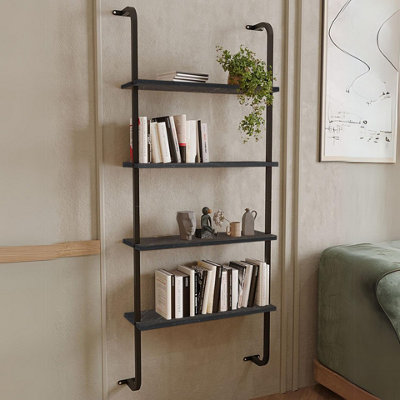 URBNLIVING 150cm Height 4-Shelf Wall Mounted Black Marble Wooden Bookshelf With Metal Frame Living Room Display Unit