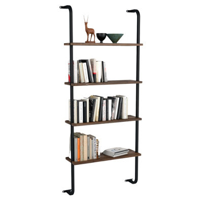 URBNLIVING 150cm Height 4-Shelf Wall Mounted Burnt Oak Wooden Bookshelf With Metal Frame Living Room Display Unit