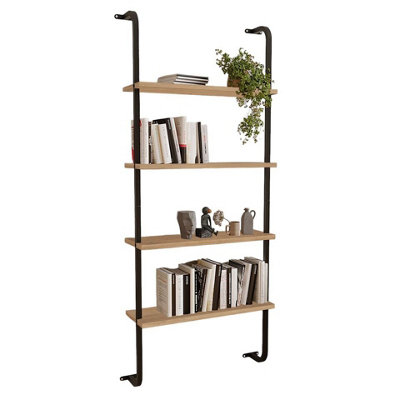 URBNLIVING 150cm Height 4-Shelf Wall Mounted Sapphire Oak Wooden Bookshelf With Metal Frame Living Room Display Unit