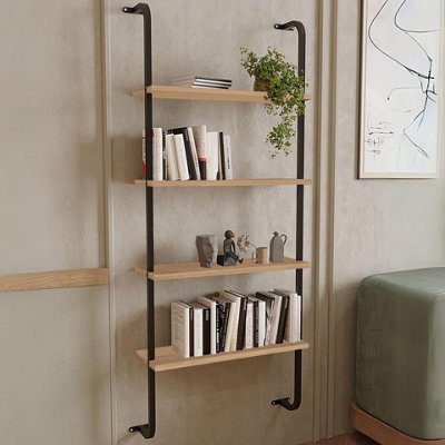 URBNLIVING 150cm Height 4-Shelf Wall Mounted Sapphire Oak Wooden Bookshelf With Metal Frame Living Room Display Unit
