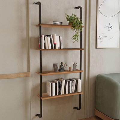 URBNLIVING 150cm Height 4-Shelf Wall Mounted Walnut Wooden Bookshelf With Metal Frame Living Room Display Unit