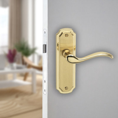 URBNLIVING 157mm Length 2 Pcs Constance Metal & Polished Brass Lever Latch Door Plain Handles Set