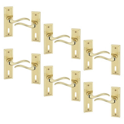 URBNLIVING 158mm Length 12 Pcs Porto Metal & Polished Brass Keyhole Lever Latch Door Handle Set