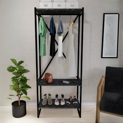 URBNLIVING 160cm Height 3 Tier Black Marble Wooden Coat Rack and Shoe ...