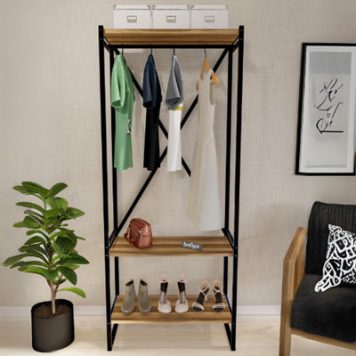URBNLIVING 160cm Height 3 Tier Walnut Wooden Coat Rack and Shoe Storage Stand With Metal Frame