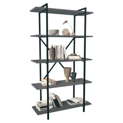 URBNLIVING 160cm Height Anthracite 5-Tier Wooden Bookshelf With Metal Frame Living Room Storage & Display Unit