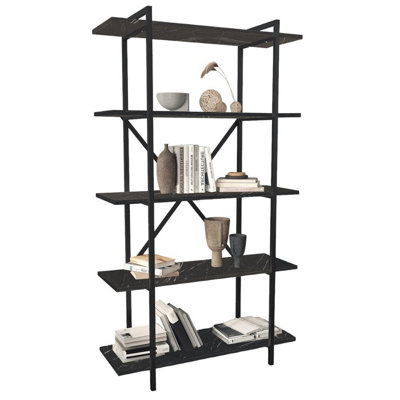 URBNLIVING 160cm Height Black Marble 5-Tier Wooden Bookshelf With Metal Frame Living Room Storage & Display Unit