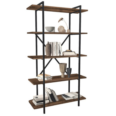 URBNLIVING 160cm Height Burnt Oak 5-Tier Wooden Bookshelf With Metal Frame Living Room Storage & Display Unit