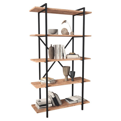 URBNLIVING 160cm Height Pine 5-Tier Wooden Bookshelf With Metal Frame Living Room Storage & Display Unit