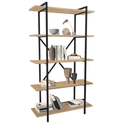 URBNLIVING 160cm Height Sapphire Oak 5-Tier Wooden Bookshelf With Metal Frame Living Room Storage & Display Unit