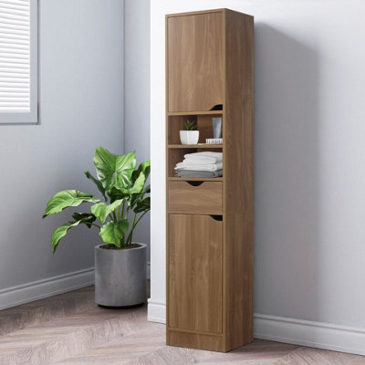 URBNLIVING 170 cm Height Oak Wooden Tall 2 Door 1 Drawer Shelves Bathroom Cabinet Storage Unit ...