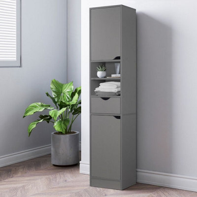 URBNLIVING 170cm Height Grey Wooden Tall 2 Door 1 Drawer Shelves Bathroom Cabinet Storage Unit Modern