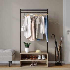 URBNLIVING 170cm Height Wooden Shoe Rack Shelf Storage & Metal Clothes Coat Garment Hanging Display Rail Oak Colour