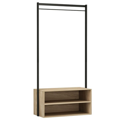 URBNLIVING 170cm Height Wooden Shoe Rack Shelf Storage & Metal Clothes Coat Garment Hanging Display Rail Oak Colour