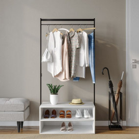 URBNLIVING 170cm Height Wooden Shoe Rack Shelf Storage & Metal Clothes Coat Garment Hanging Display Rail White Colour