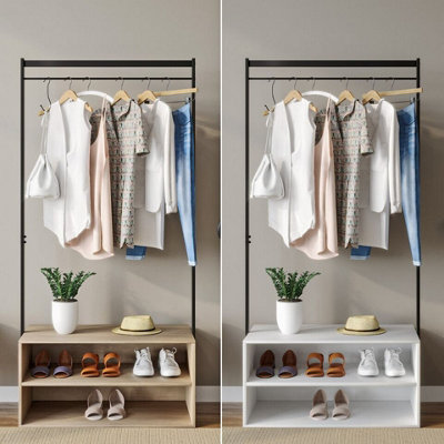 URBNLIVING 170cm Height Wooden Shoe Rack Shelf Storage & Metal Clothes Coat Garment Hanging Display Rail White Colour - 4