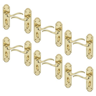 URBNLIVING 170mm Length 12 Pcs Lisbon Metal & Polished Brass Latch Door Bathroom Handles Set