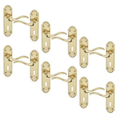 URBNLIVING 170mm Length 12 Pcs Lisbon Metal & Polished Brass Latch Door Keyhole Handles Set