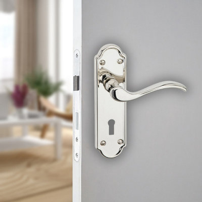 URBNLIVING 170mm Length 2 Pcs Lisbon Metal & Polished Nickel Lever Latch Door Keyhole Handles Set