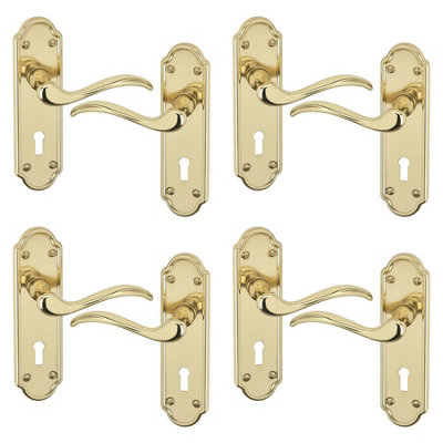 URBNLIVING 170mm Length 8 Pcs Lisbon Metal & Polished Brass Latch Door Keyhole Handles Set