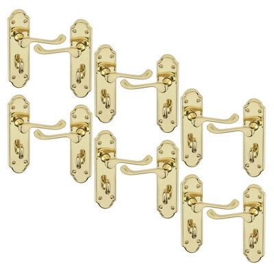 URBNLIVING 174mm Length 12 Pcs Ashworth Metal & Polished Brass Lever Latch Bathroom Door Handle Set