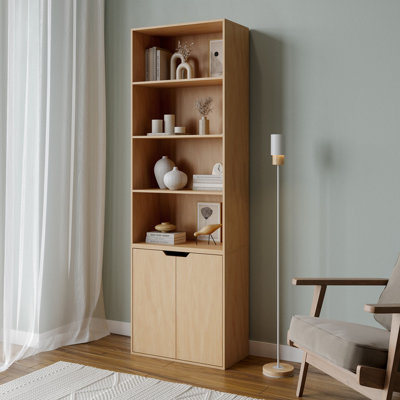 URBNLIVING 180 cm Height 6 Tier Bookcase With 2 Door Cupboard Cabinet Storage Shelving Display Wood Shelf Beech