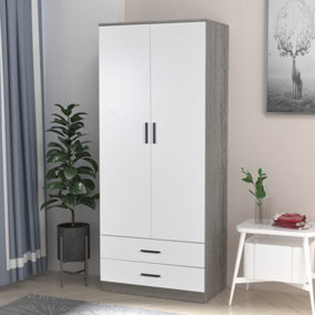 URBNLIVING 180cm 2 Door Wardrobe Ash Grey Carcass and White Drawers With 2 Drawers Bedroom Storage Hanging Bar Clothes
