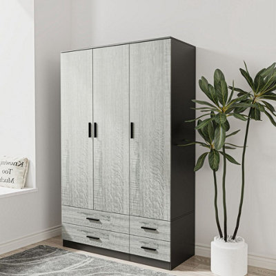 URBNLIVING 180cm Height Ash Grey 3 Door 4 Drawer Wardrobe Storage Shelf Modern Bedroom Black Furniture