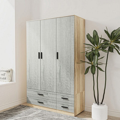 URBNLIVING 180cm Height Ash Grey 3 Door 4 Drawer Wardrobe Storage Shelf Modern Bedroom Oak Furniture