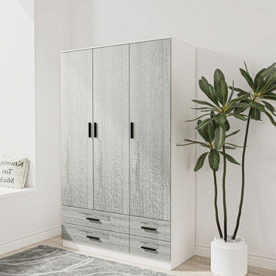 URBNLIVING 180cm Height Ash Grey 3 Door 4 Drawer Wardrobe Storage Shelf Modern Bedroom White Furniture