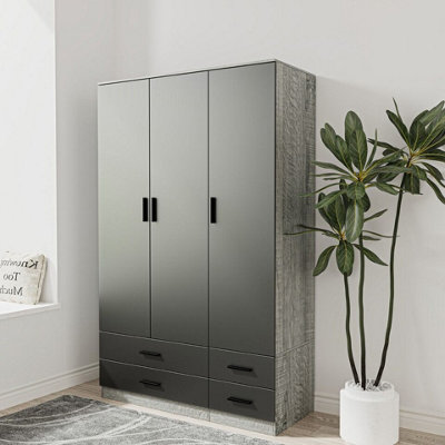 URBNLIVING 180cm Height Black 3 Door 4 Drawer Wardrobe Storage Shelf Modern Bedroom Ash Grey Furniture