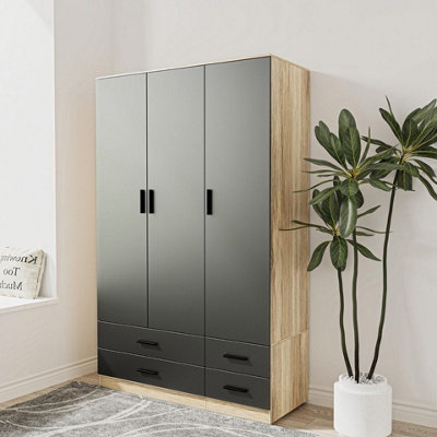 URBNLIVING 180cm Height Black 3 Door 4 Drawer Wardrobe Storage Shelf Modern Bedroom Oak Furniture