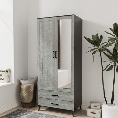 URBNLIVING 180cm Height Black Mirror Wardrobe with Ash Grey 2 Door 2 Drawer Bedroom Clothes Storage Hanging Rail