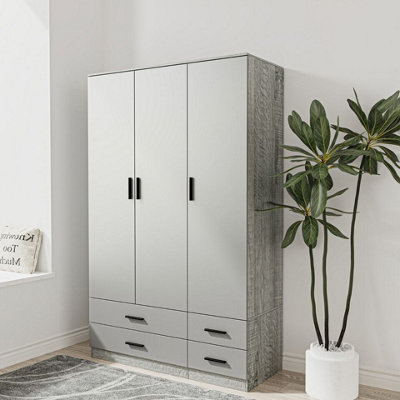 URBNLIVING 180cm Height Cool Grey 3 Door 4 Drawer Wardrobe Storage Shelf Modern Bedroom Ash Grey Furniture