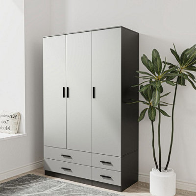 URBNLIVING 180cm Height Grey 3 Door 4 Drawer Wardrobe Storage Shelf Modern Bedroom Black Furniture