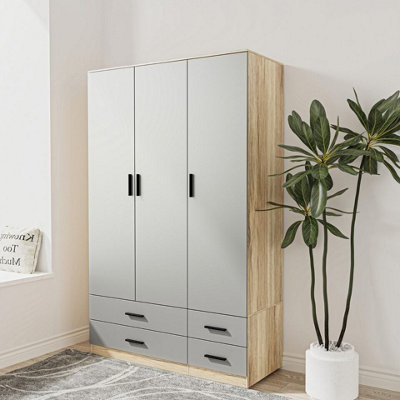 URBNLIVING 180cm Height Grey 3 Door 4 Drawer Wardrobe Storage Shelf Modern Bedroom Oak Furniture