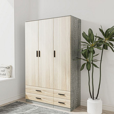 URBNLIVING 180cm Height Oak 3 Door 4 Drawer Wardrobe Storage Shelf Modern Bedroom Ash Grey Furniture