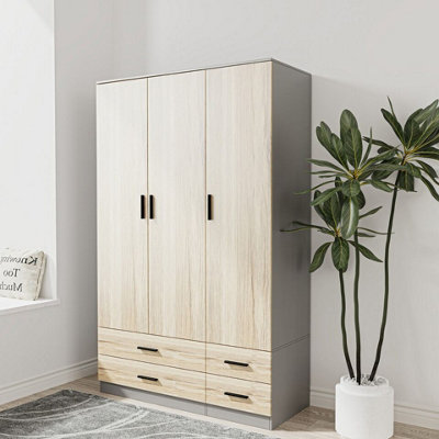 URBNLIVING 180cm Height Oak 3 Door 4 Drawer Wardrobe Storage Shelf Modern Bedroom Grey Furniture